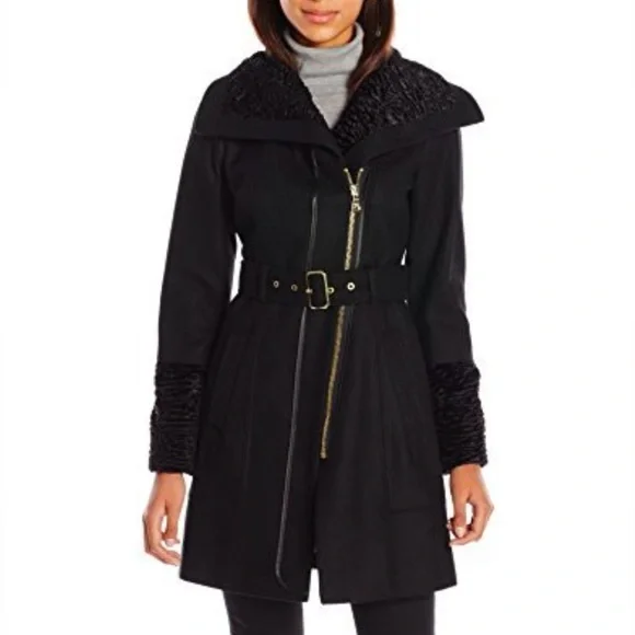 (NWT) GUESS Women’s Wool-Blend Faux-Fur-Trim Belted Coat, XS